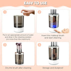 Instructions for using a makeup brush cleaning device with text and images of the device in action.