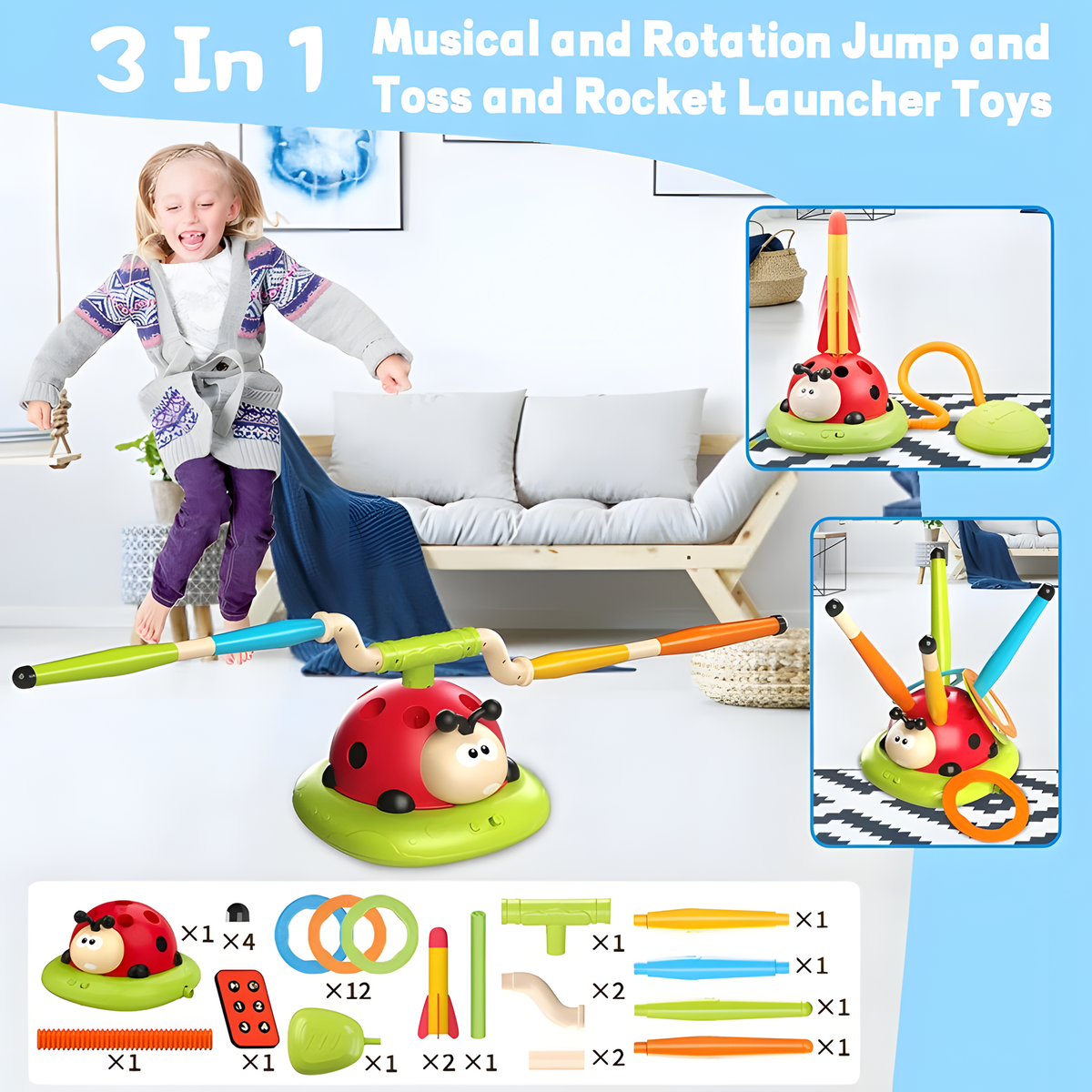 3-in-1 Ladybug Activity Toy for Jumping, Ring Toss and Rockets