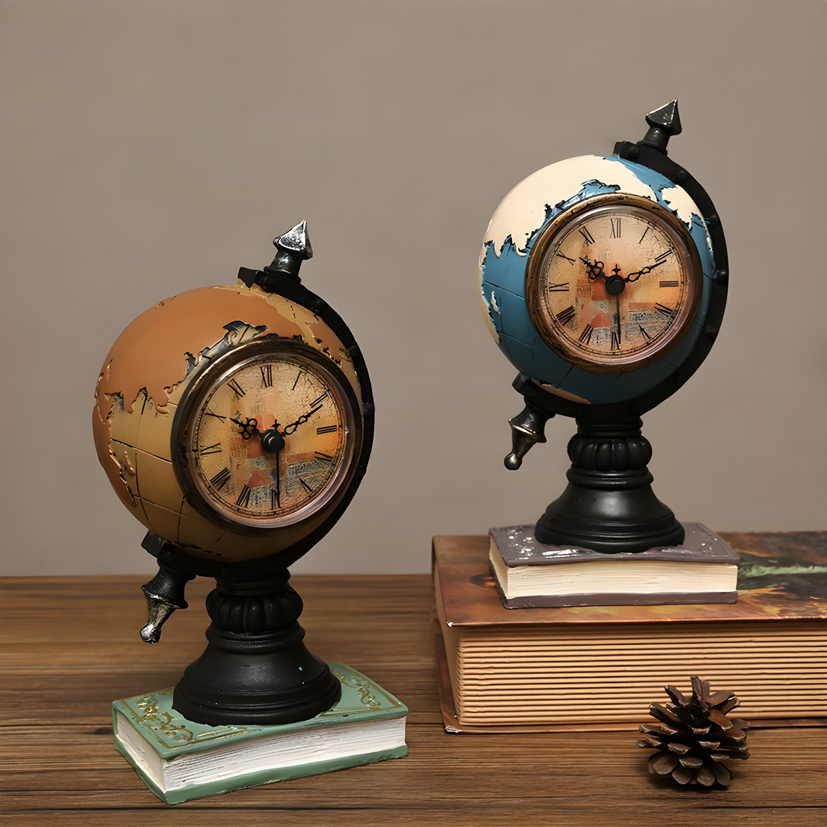 Decorative Globe Desk Clock with Roman Numerals and Book Base