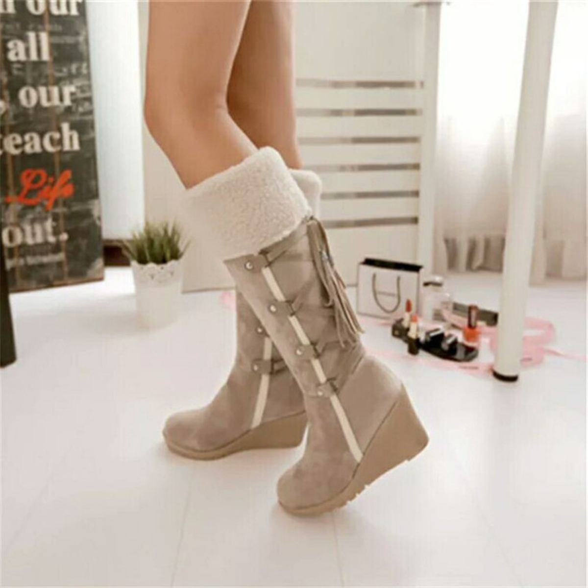 Women's Knee-High Winter Wedge Boots with Plush Fold-Over Cuff