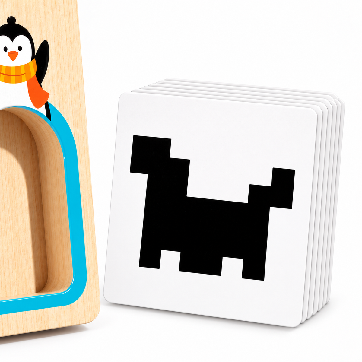 Penguin Wooden Block Puzzle Board with Geometric Pattern Cards