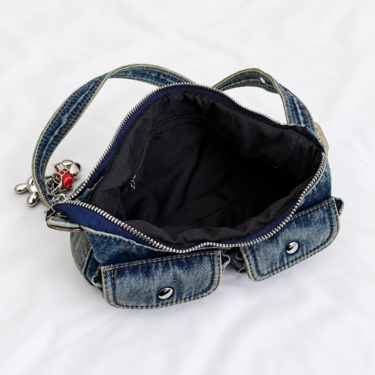 Denim Baguette Shoulder Bag with Twin Pockets and Charm Detail