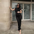 Black Ruched Short-Sleeve Midi Dress with Round Neckline