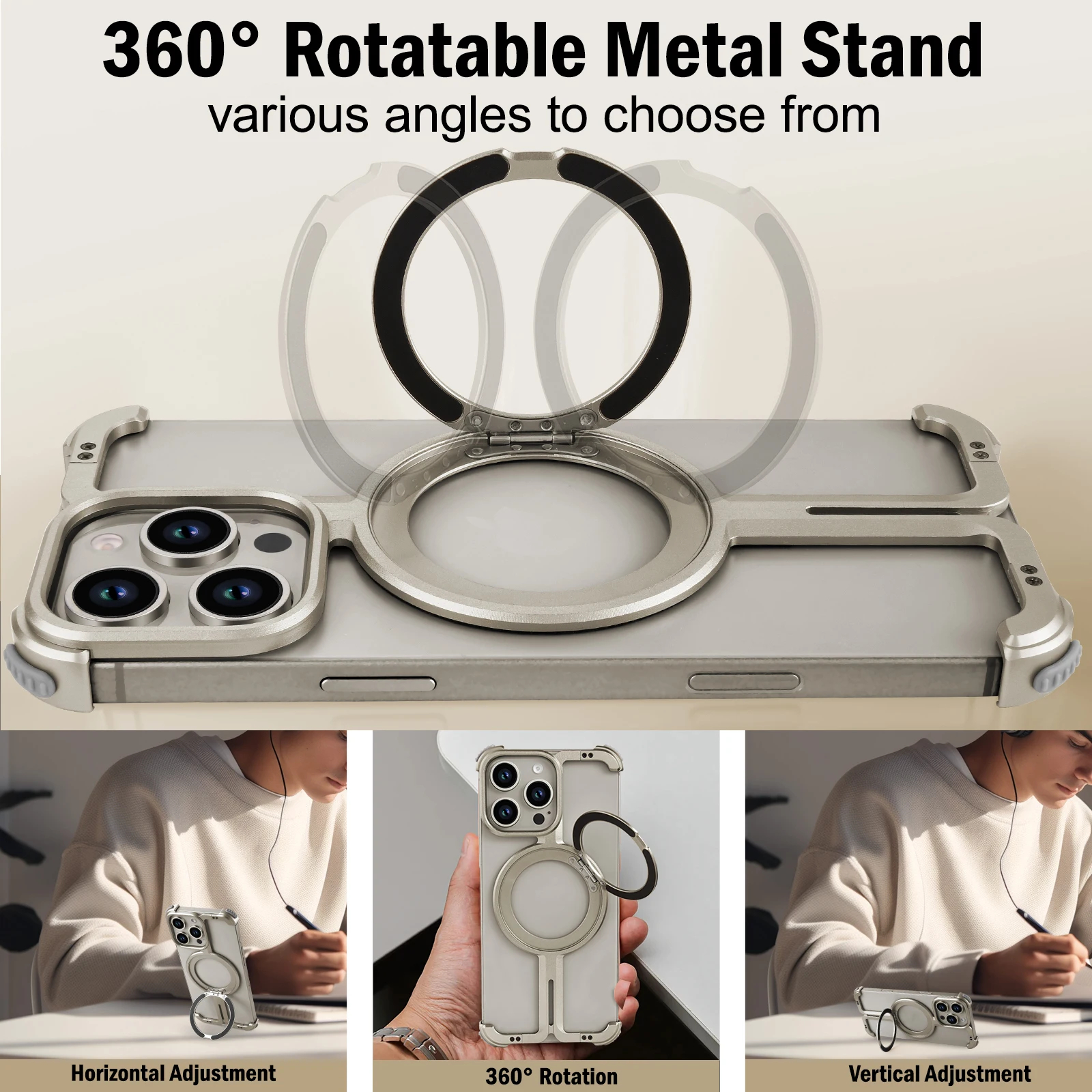 Slim Metal Rotating Phone Case with Ring Stand for iPhone 16