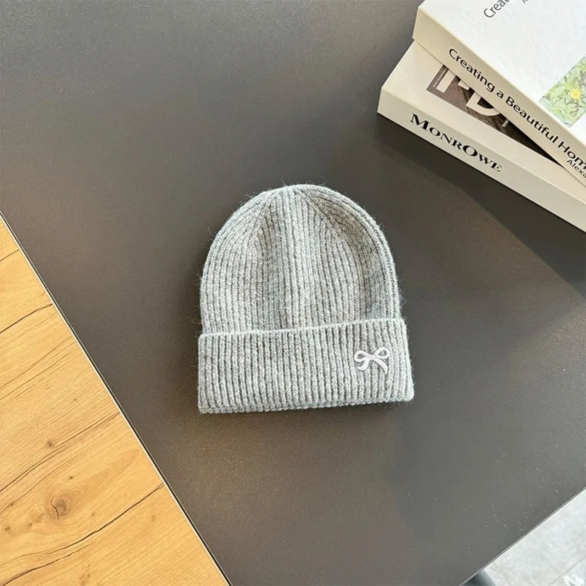 Ribbed Knit Beanie with Embroidered Bow and Folded Cuff