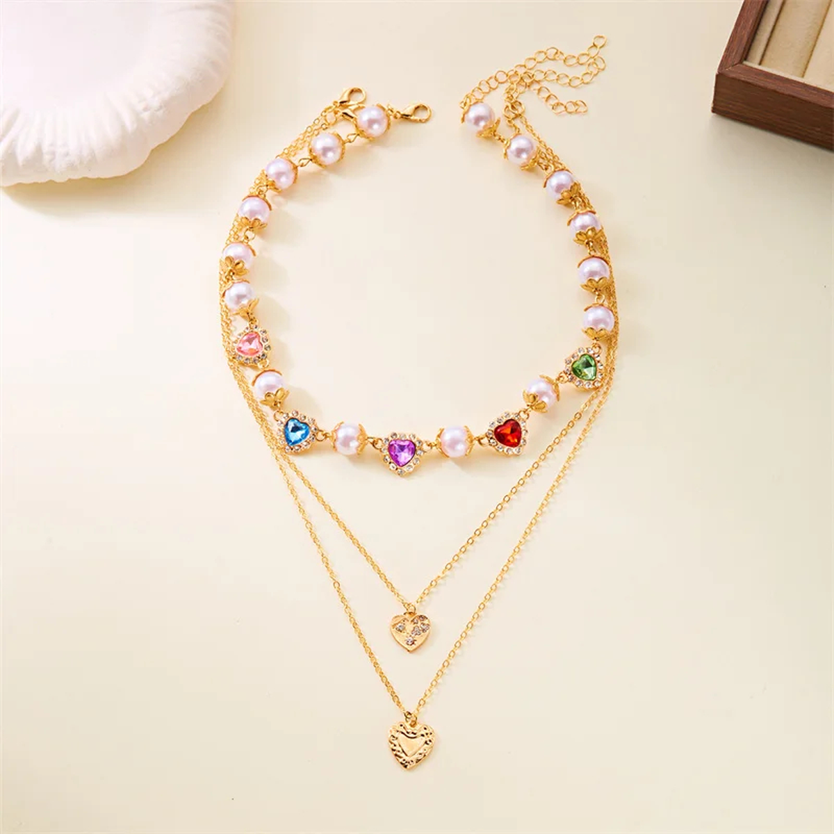 Colorful Heart and Pearl-Style Necklace with Fine Chain