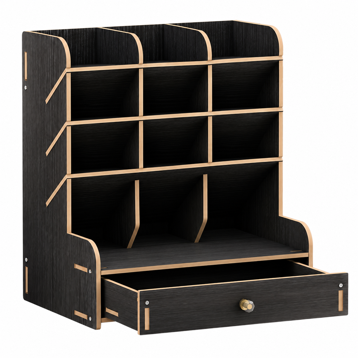 Wooden Desk Organizer with Sloped Pen Compartments and Drawer