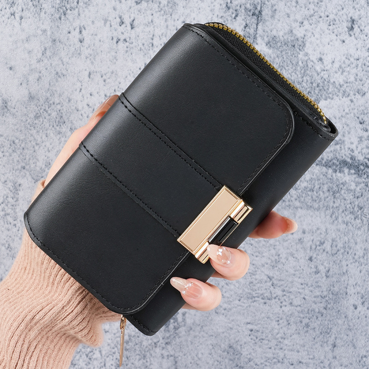 Gold-Clasp Foldover Wallet with Zip Section and Card Slots