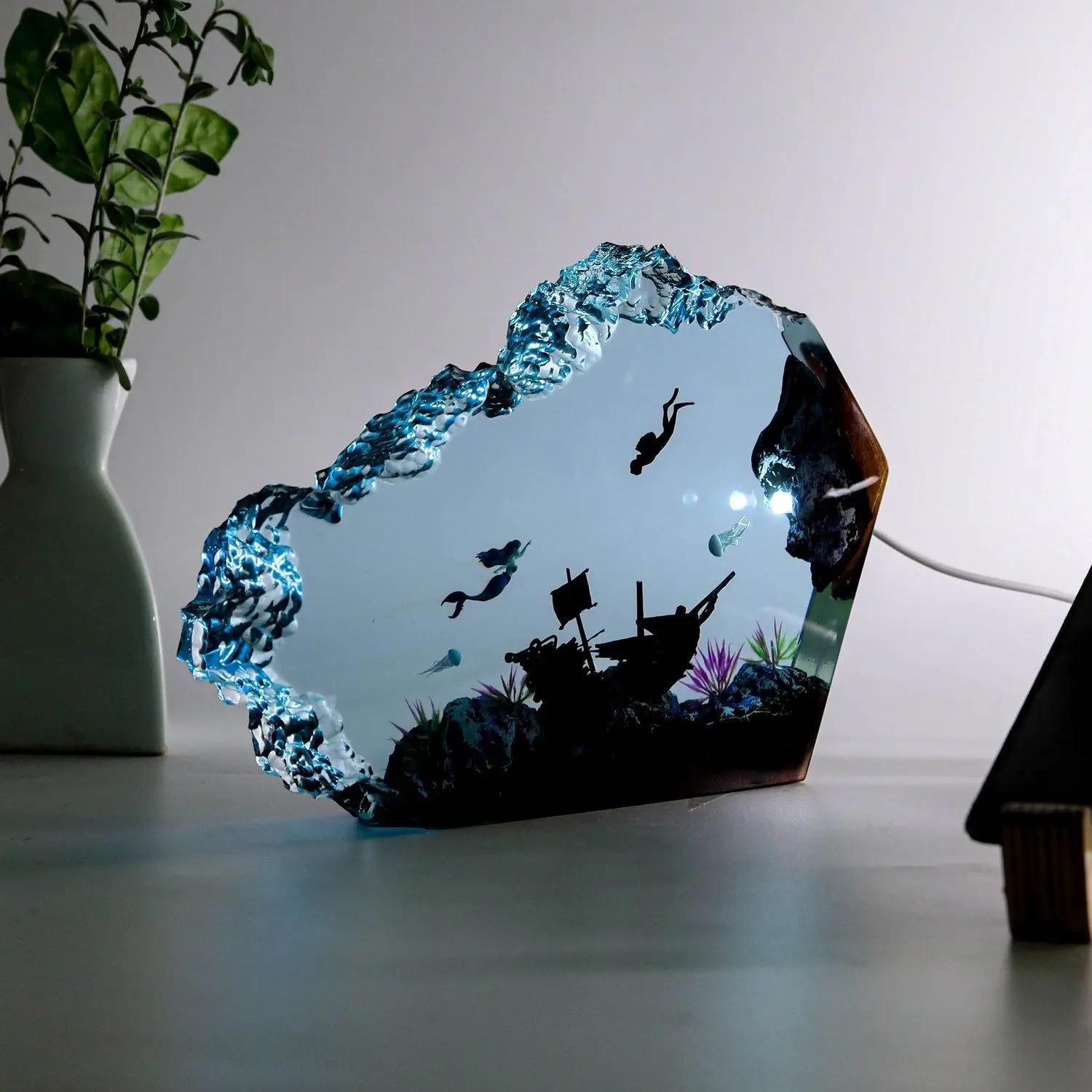 Mermaid Diver Resin Night Light Ocean Scene Warm Light 6x4in