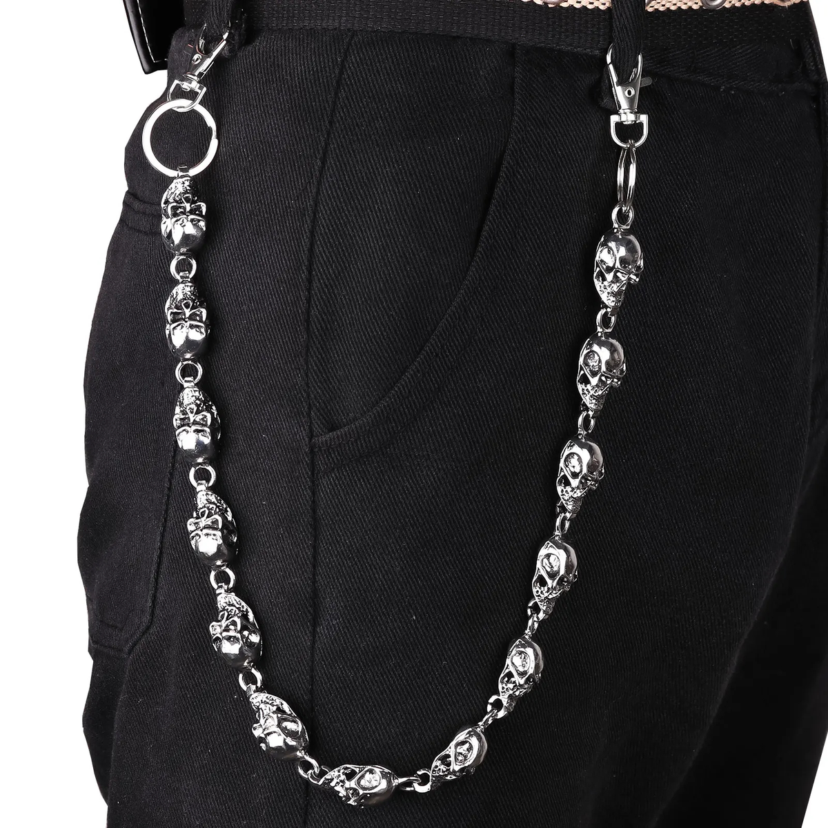 Skull Waist Chain with Clip Ends, Punk Metal Pants Chain, 2 Finishes