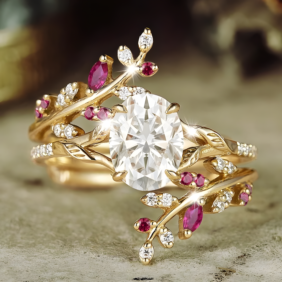 Leaf-Vine Stacking Ring Set with Oval Decorative Stone