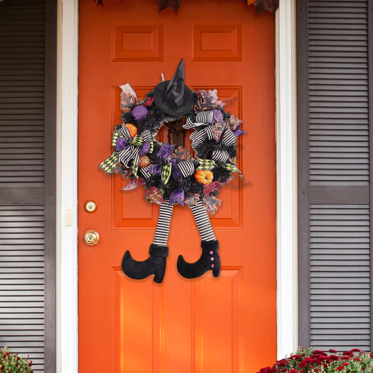 Halloween Witch Leg Wreath with Striped Legs and Curled Shoes