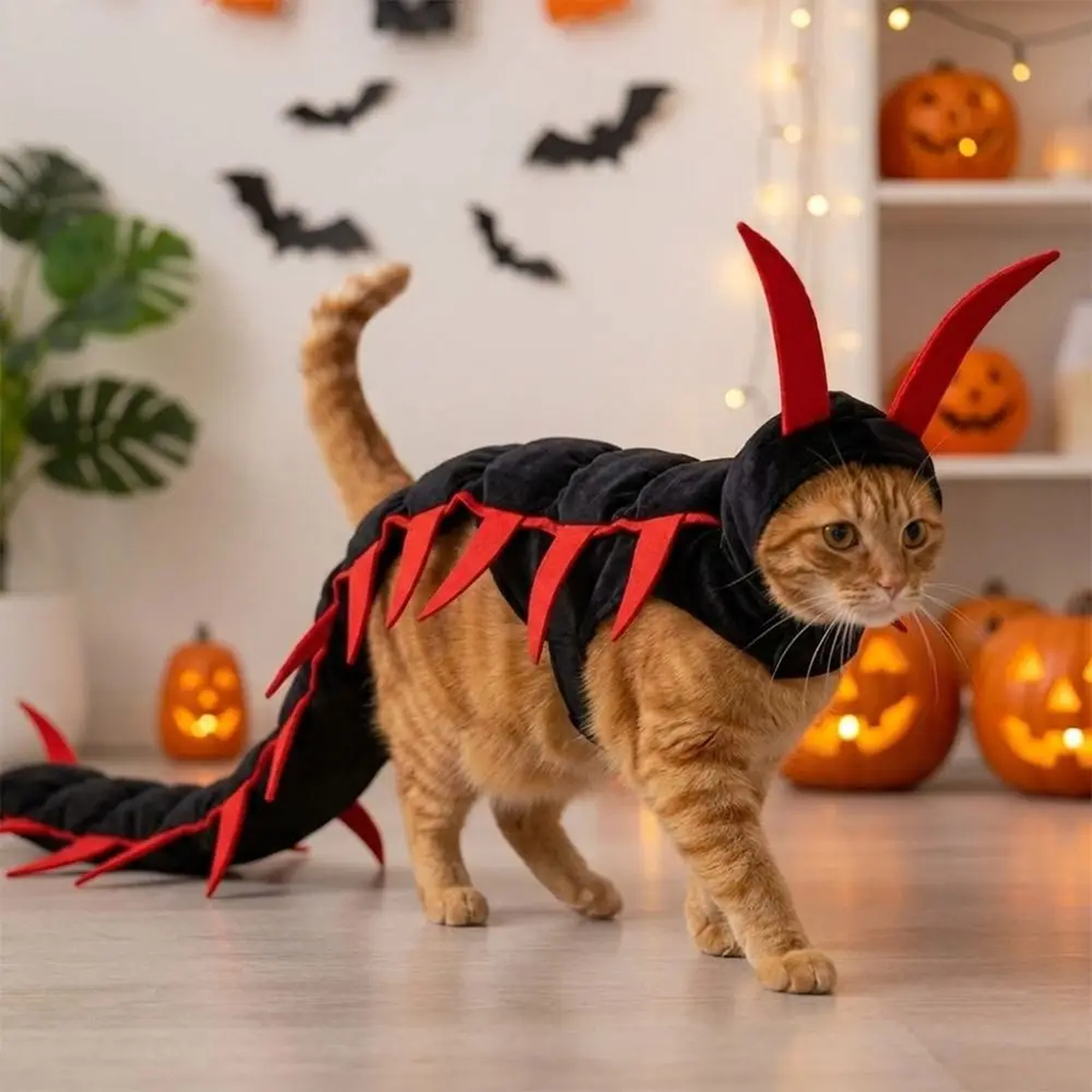Fluffy Centipede Halloween Cat Costume with Hood and 3D Legs