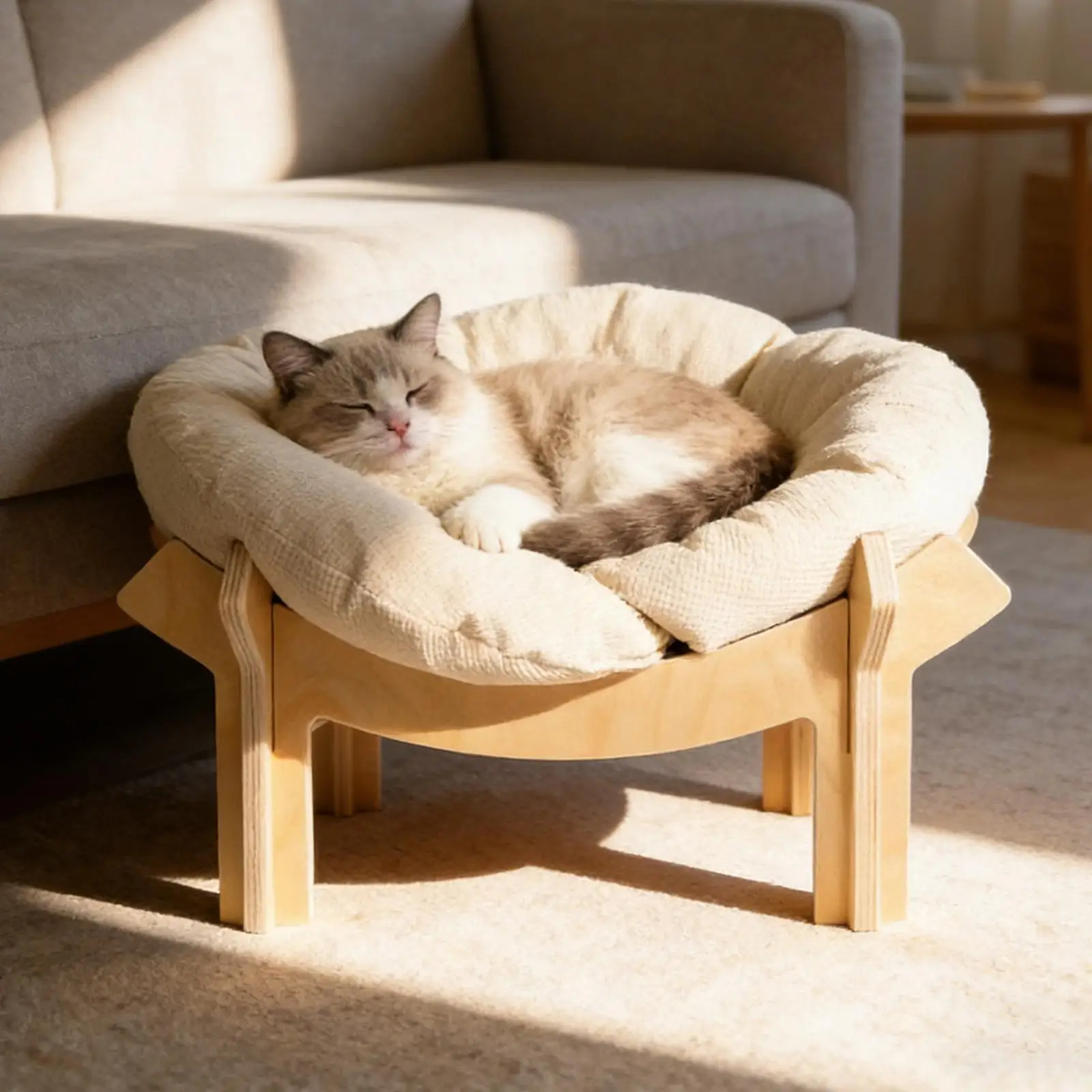 Wooden Frame Cat Bed Flower Cushion Raised Indoor Lounge 22in