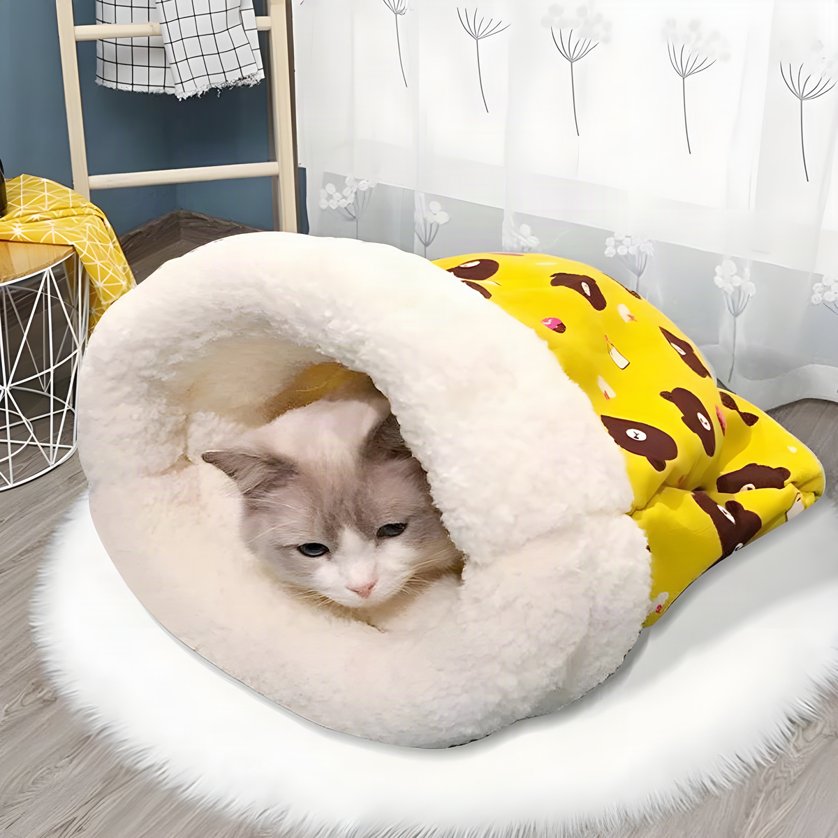 Plush Cat Sleeping Bag with Fold-Over Cuff and Cotton Filling