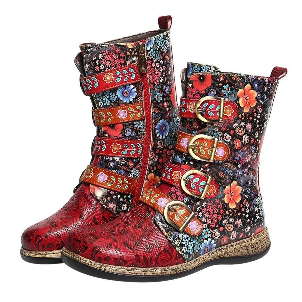 Embroidered Mid-Calf Boots with Buckle Strap Details