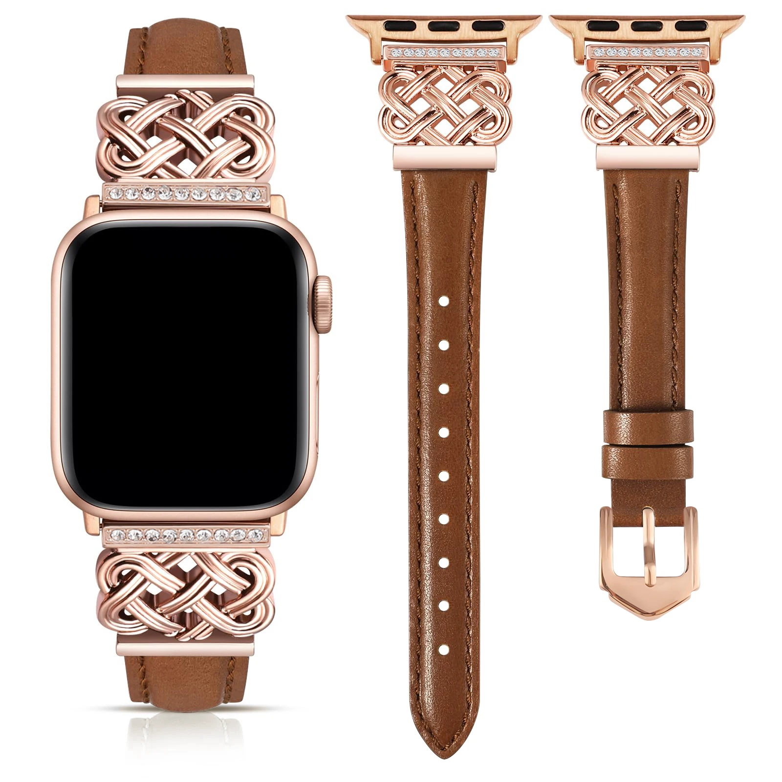 Jeweled Knot Leather Apple Watch Band with Stone Detail