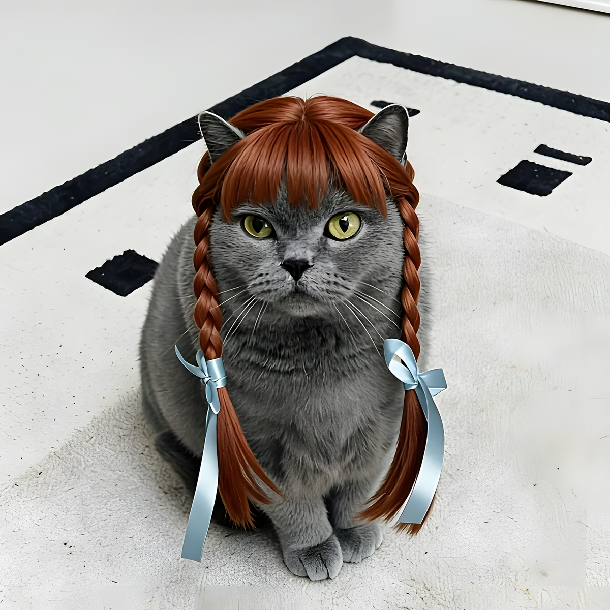 Braided Pet Wig with Bangs and Ribbon Bows for Cats & Small Dogs