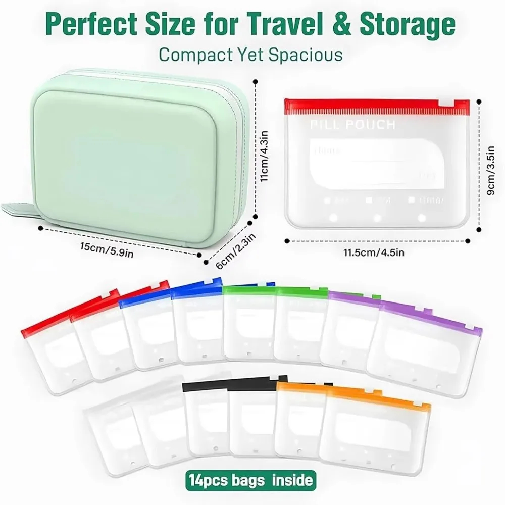 Travel and storage set featuring a mint green zippered case and multiple clear plastic pill pouches with different colored zipper tabs (red, blue, green, purple, black, orange). The image includes dimension markings for the case and pouch, and text stating 'Perfect Size for Travel & Storage' and '14pcs bags inside'.