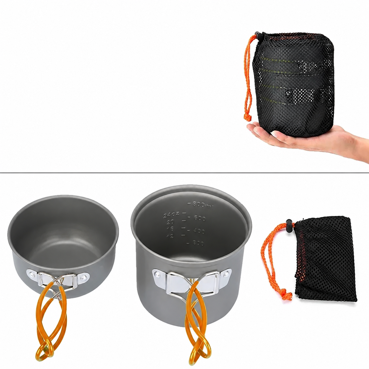 Nesting Camping Cookware Set with Folding Cutlery and Bags