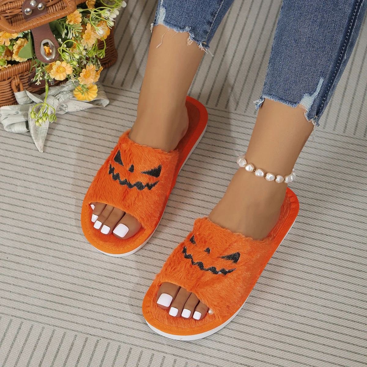 Halloween Plush Slippers, Pumpkin & Elk Faces, Open Toe One Size