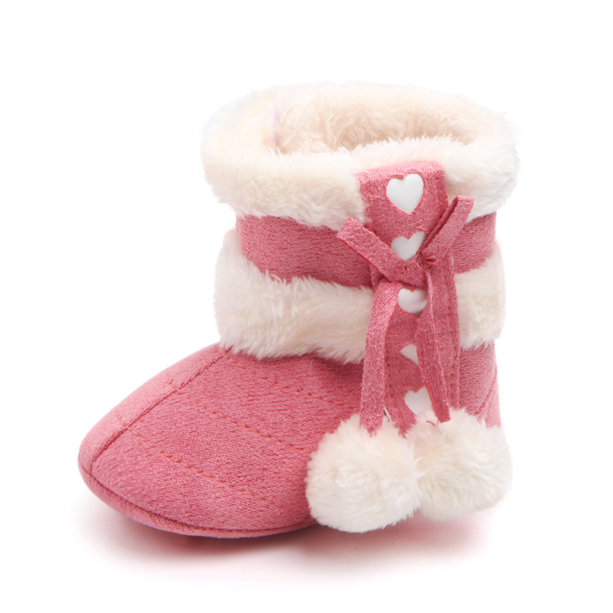 Heart Bow Baby Boots with Pom-Pom Detail and Cream Cuffs