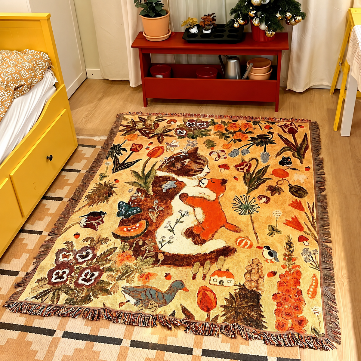Illustrated Woven Throw Blanket with Fringe, 130 x 160 cm