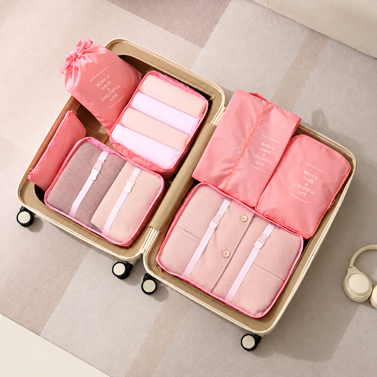 7-Piece Travel Packing Organizer Set, Mesh Cubes and Pouches