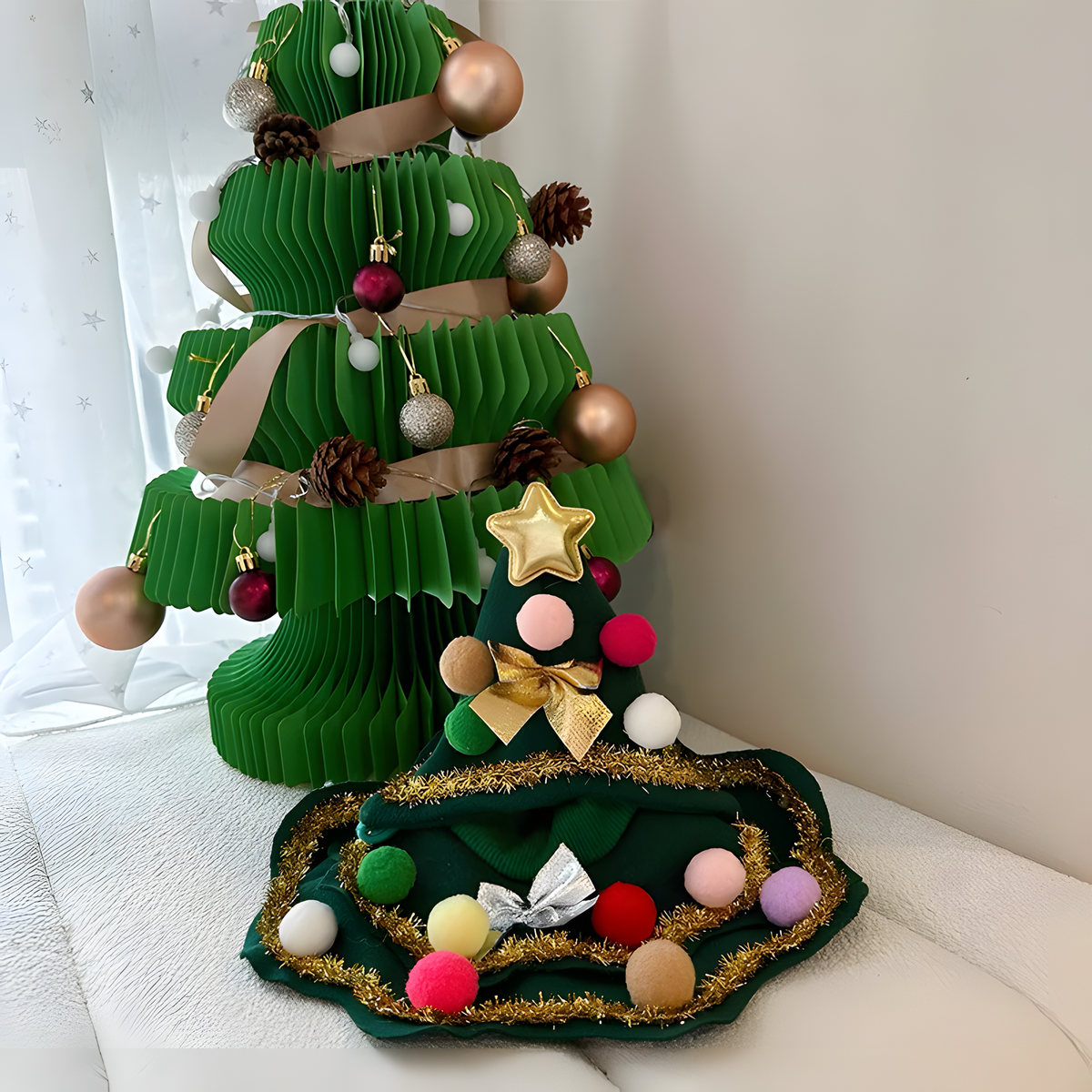 Christmas Tree Pet Costume, Matching Pom-Pom Hat and Cape