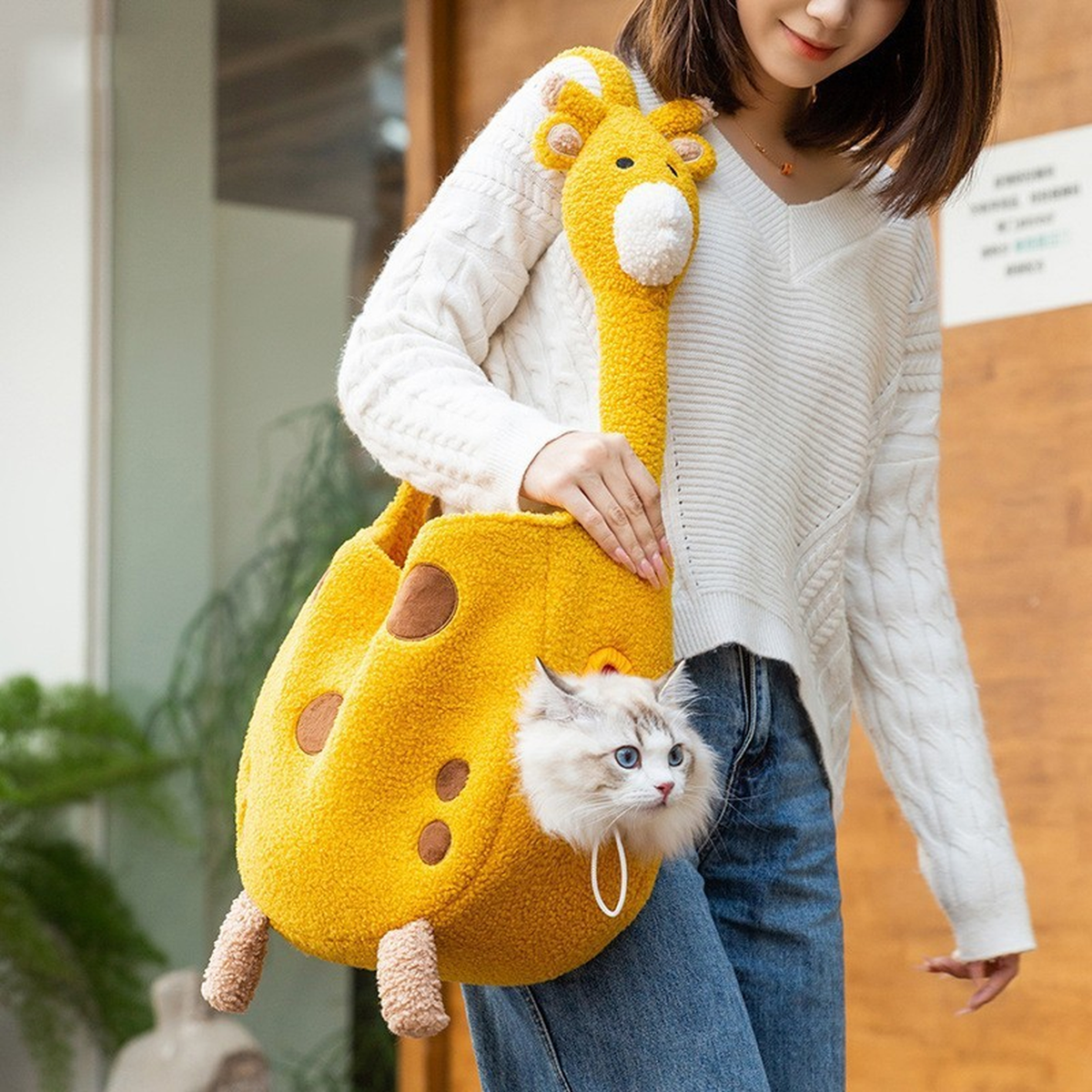 Plush Giraffe Pet Carrier Bag, Yellow Fleece, Adjustable Strap