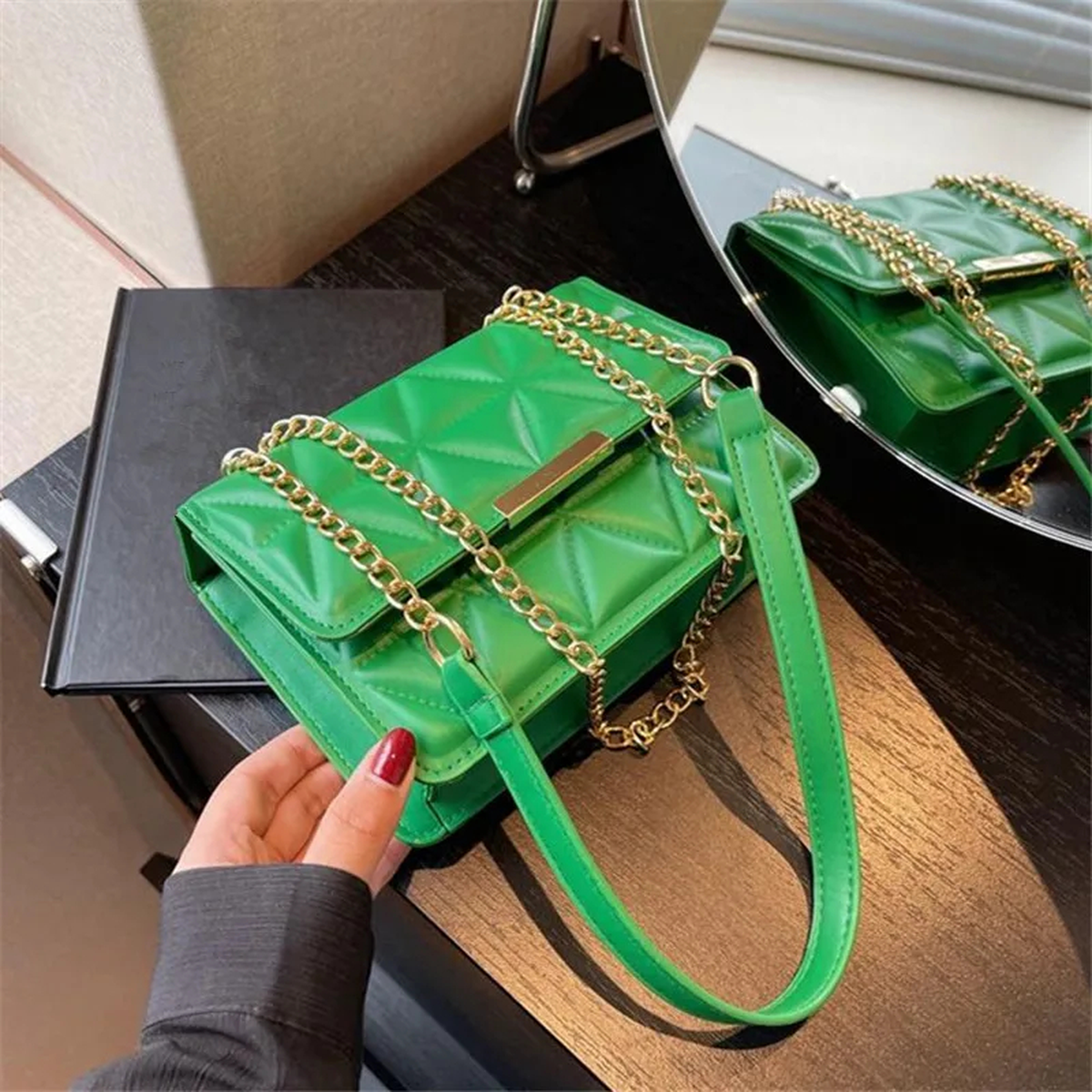Quilted Chain-Strap Crossbody Bag with Flap Closure