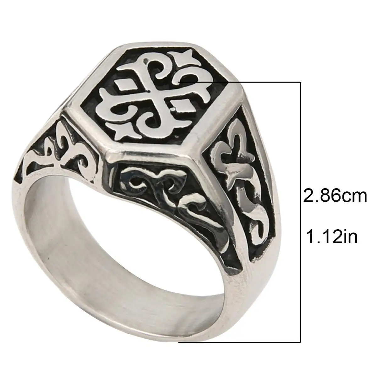 Silver-Tone Gothic Pattern Ring, Geometric Signet Design