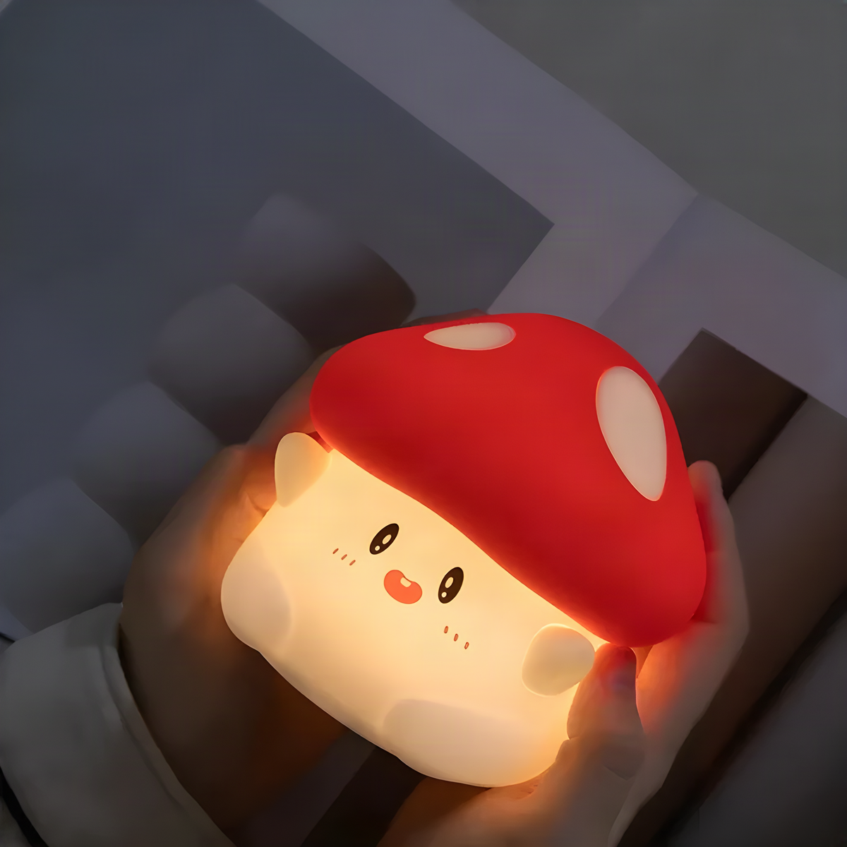 Mushroom Touch Night Light with Red Spotted Cap and Smiling Face