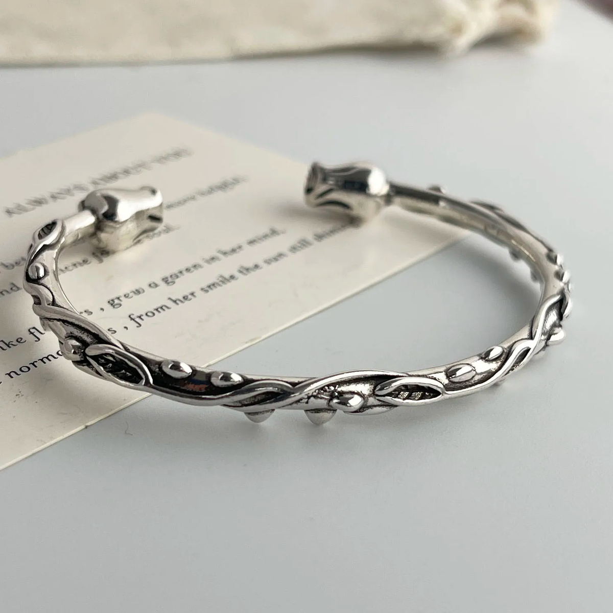 Thorn Rose Cuff Bracelet, Silver-Tone Botanical Open Design