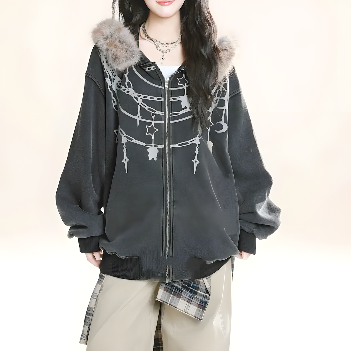 Zip-Front Hooded Jacket with Plush Collar and Chain Print