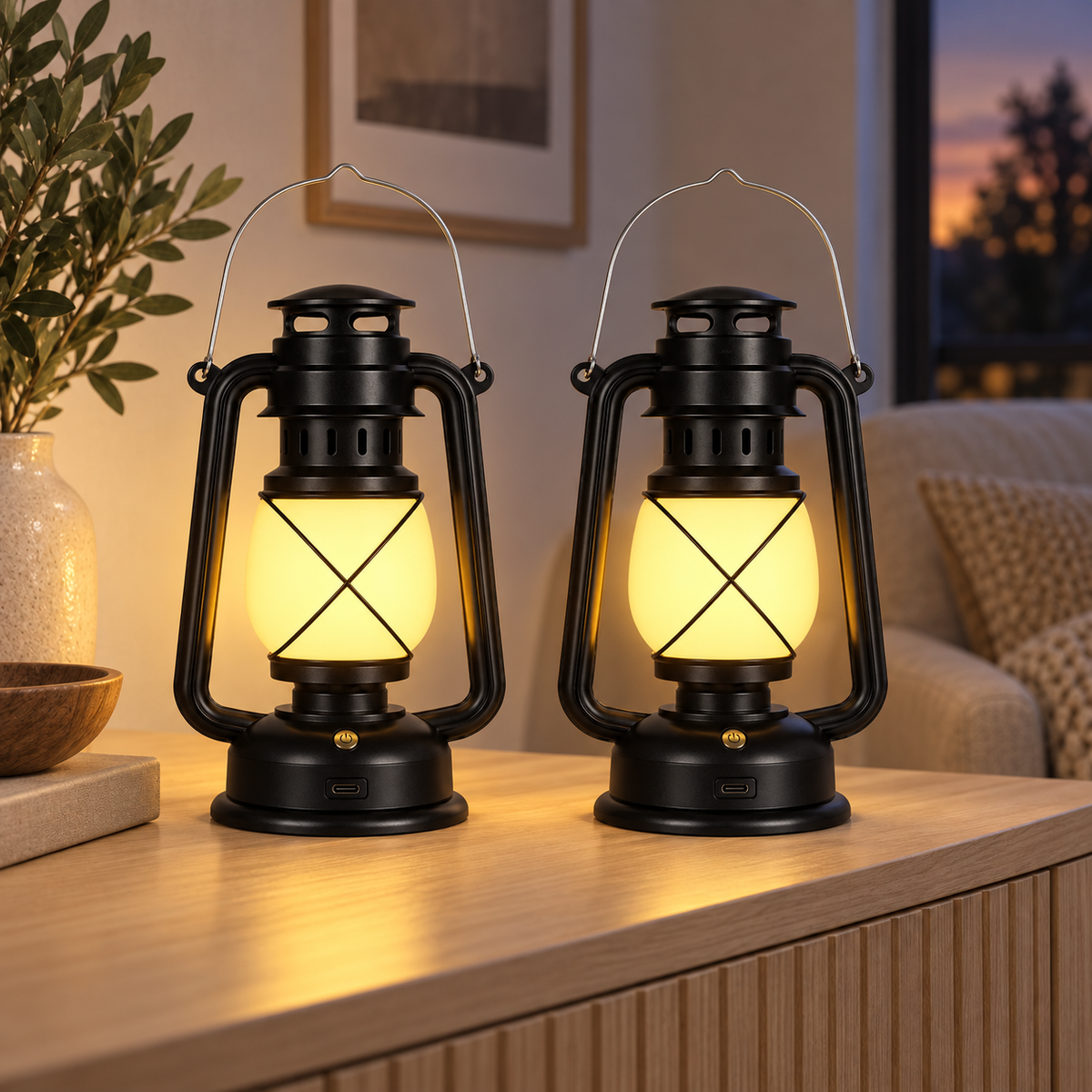 Remote-Control Decorative Lantern Pair with USB-C Charging