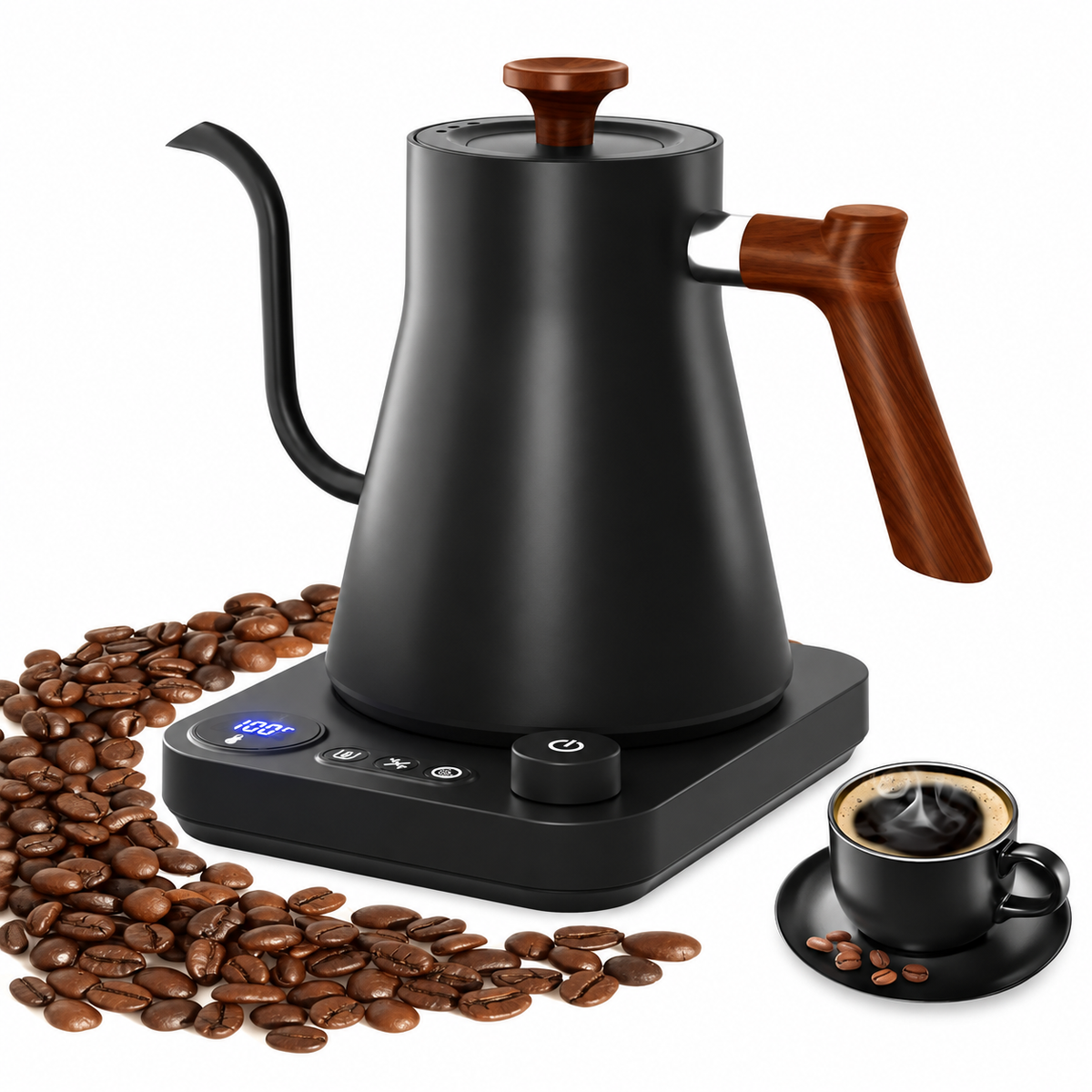 Temperature-Control Gooseneck Kettle with Wood-Look Accents