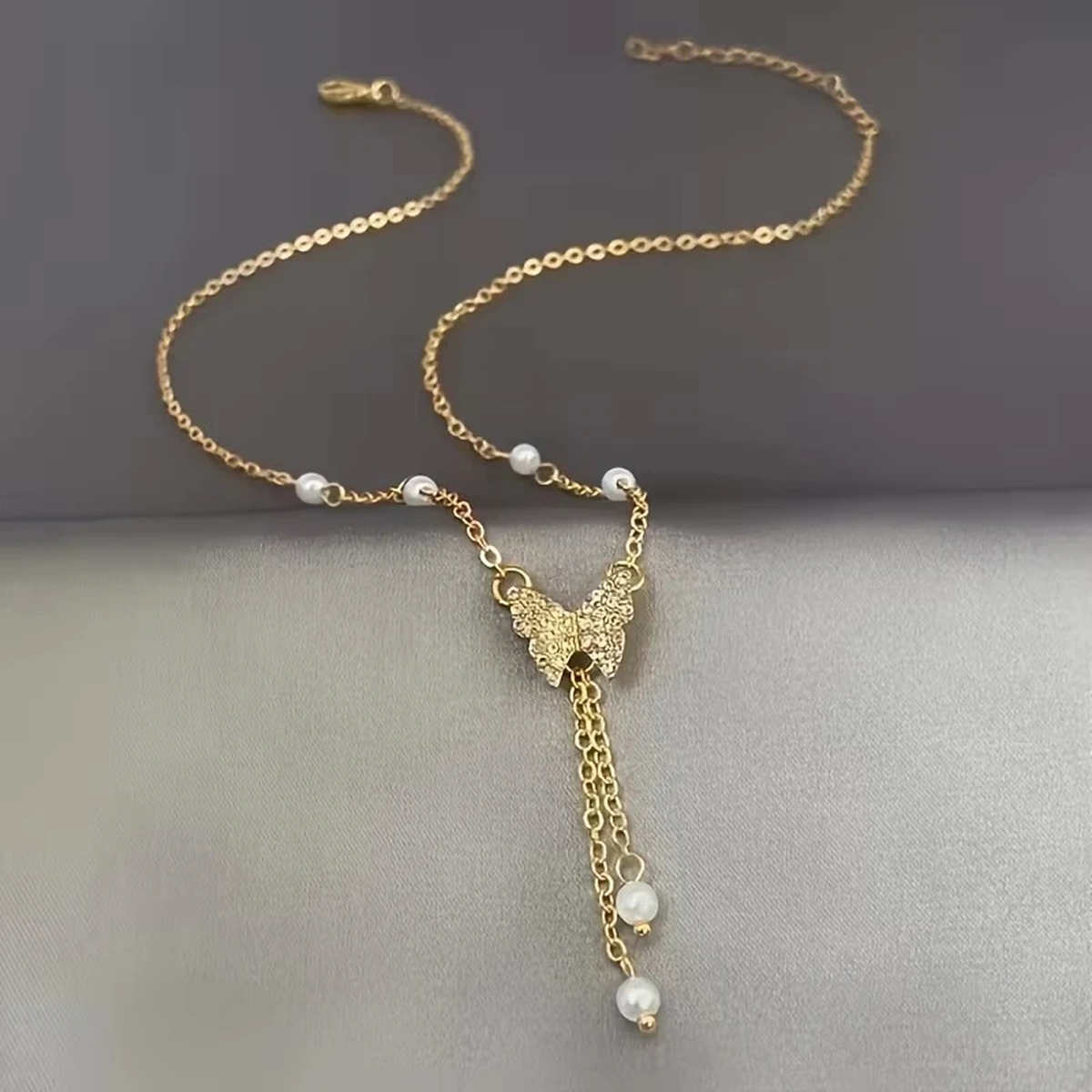 Butterfly Drop Pendant Necklace with Fine Bead Accents