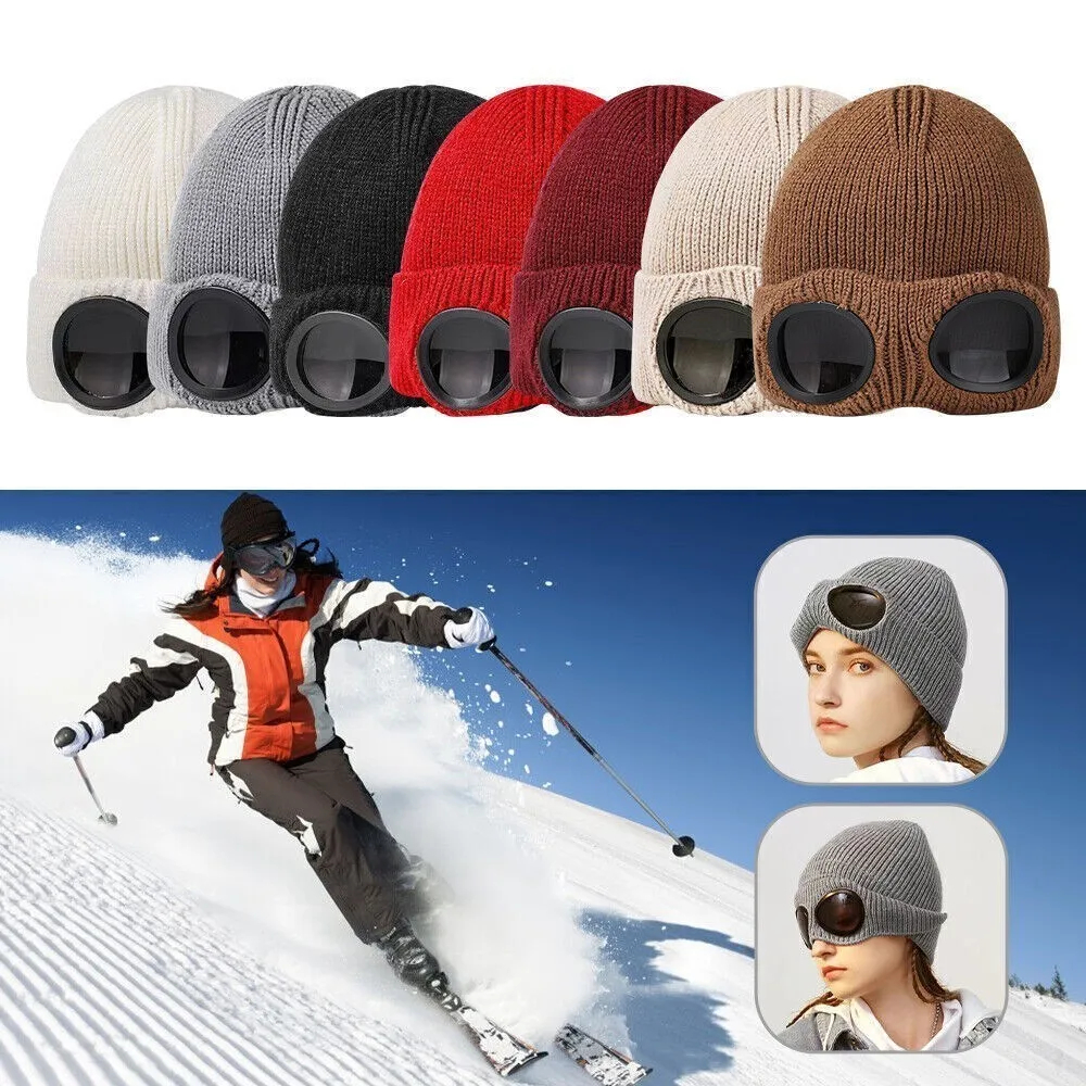 Fleece-Lined Rib-Knit Goggle Beanie with Flip-Up Winter Lenses