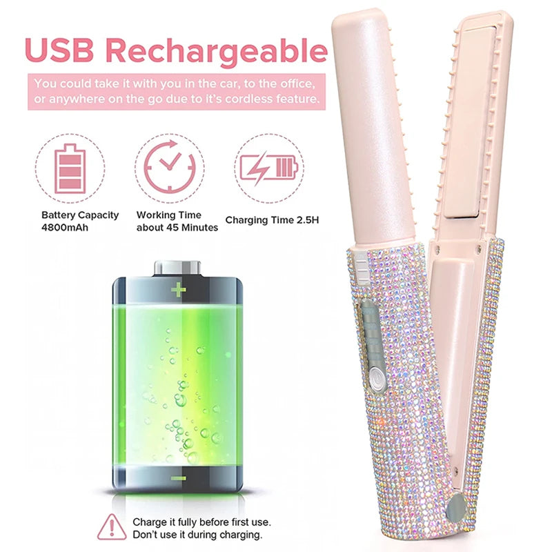 Portable Cordless Hair Straightener - Rhinestone Design with Power Bank