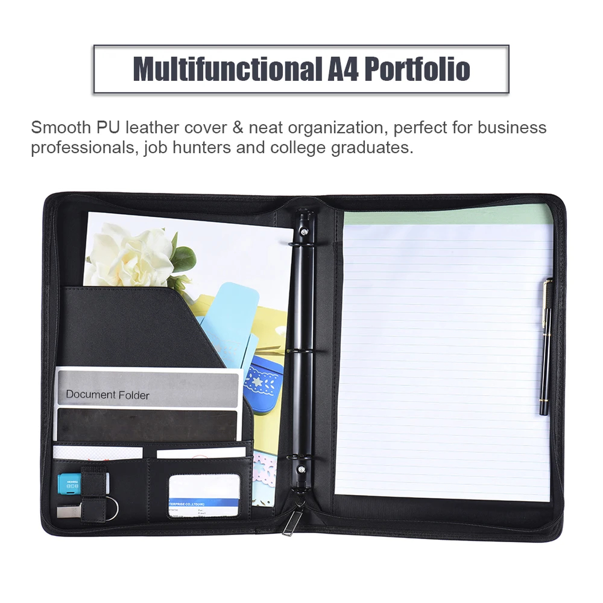 A4 Three-Ring Zippered Document Binder with Organizer Pockets