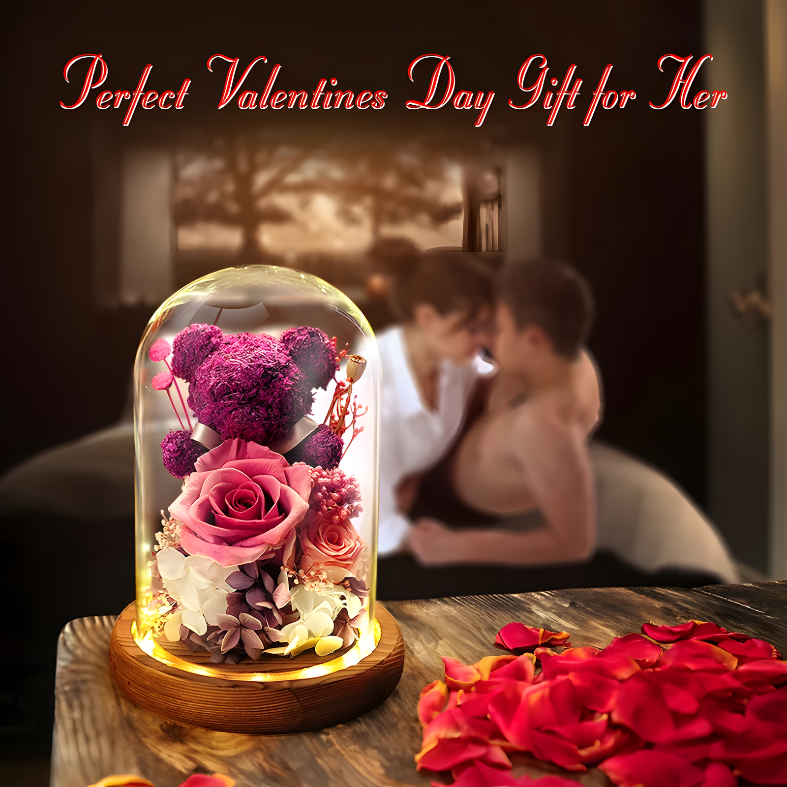 Rose Bear Glass Dome Preserved Rose Teddy Display Red Gift