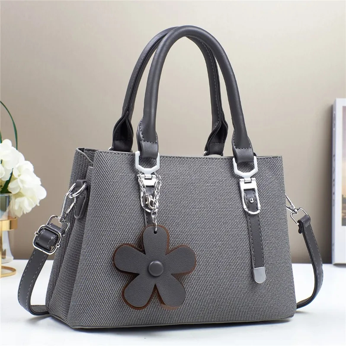 Flower Charm Structured Handbag with Crossbody Strap
