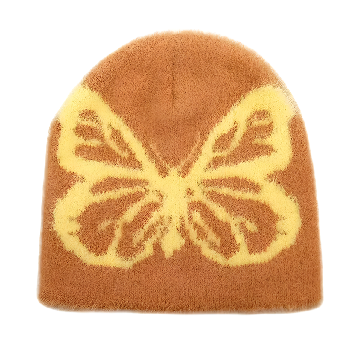 Fuzzy Butterfly Knit Beanie with Contrast Motif in Seven Colors
