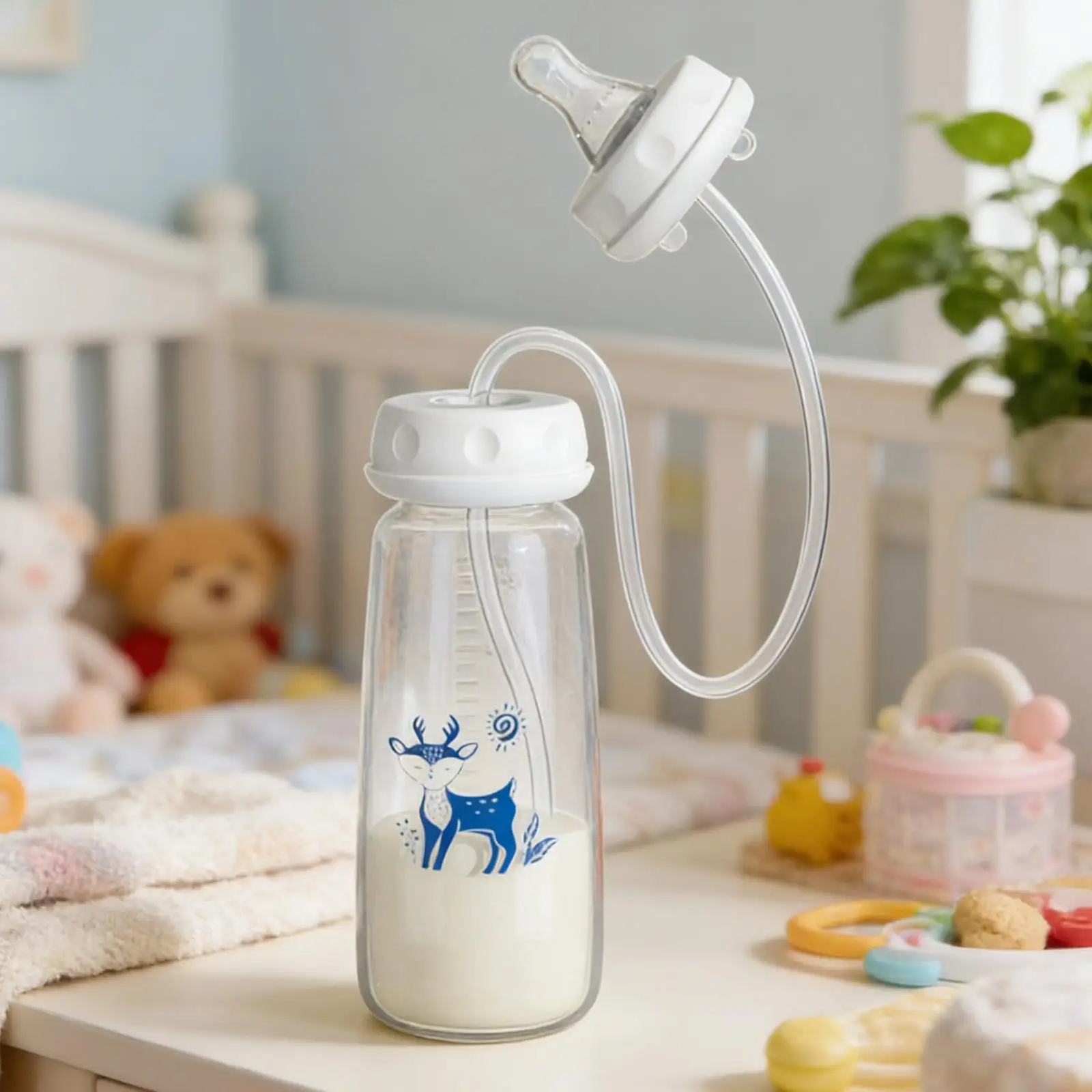 Hands-Free Baby Bottle 300ml Wide Neck with Strap Blue Pink