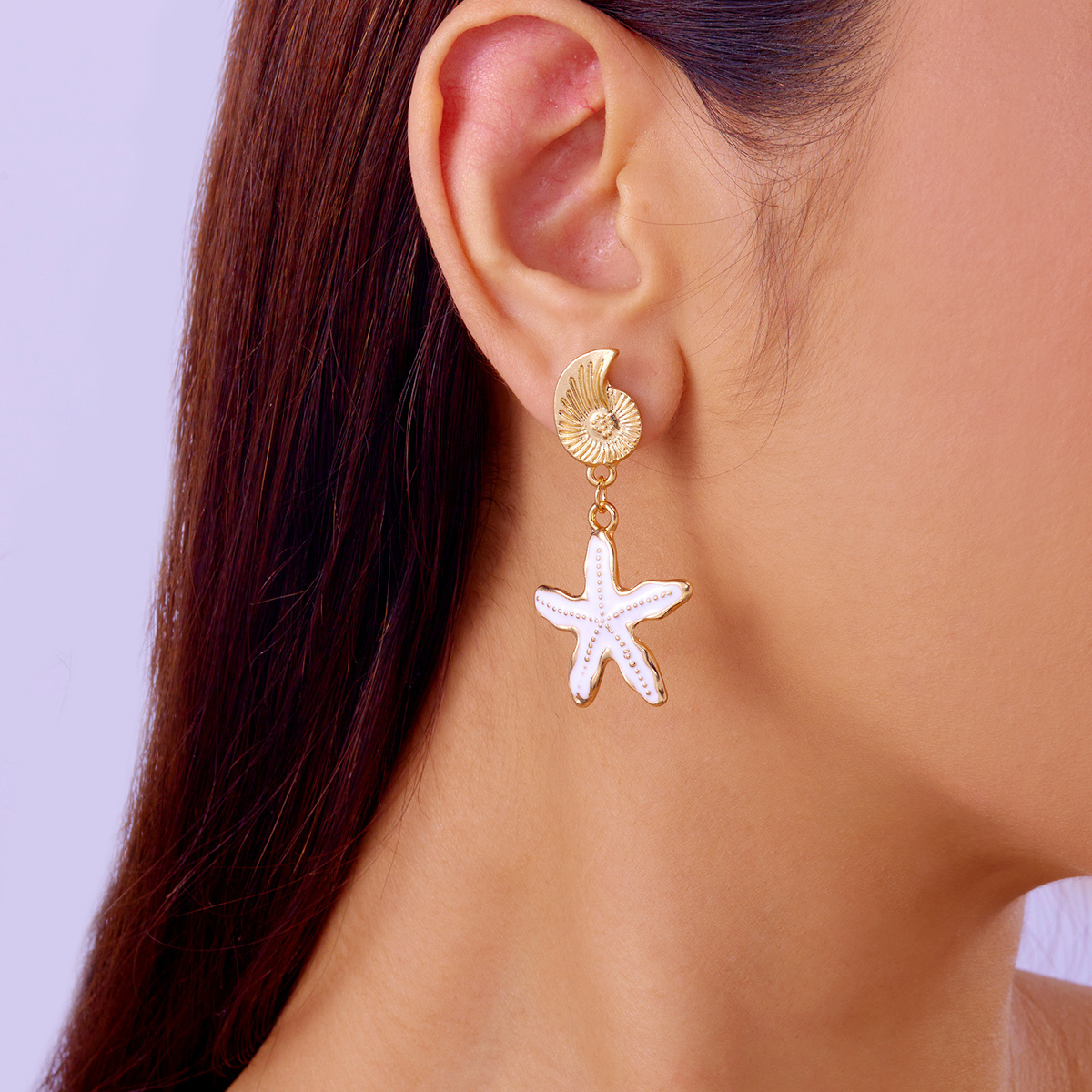 White Starfish Drop Earrings with Gold-Tone Shell Studs