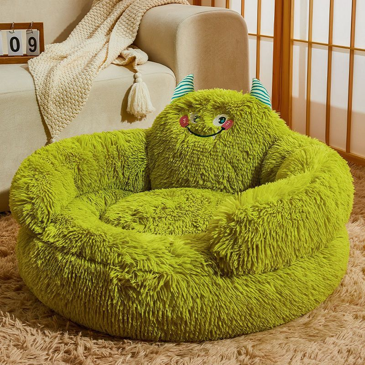 Soft Round Plush Pet Bed with Monster Face Backrest