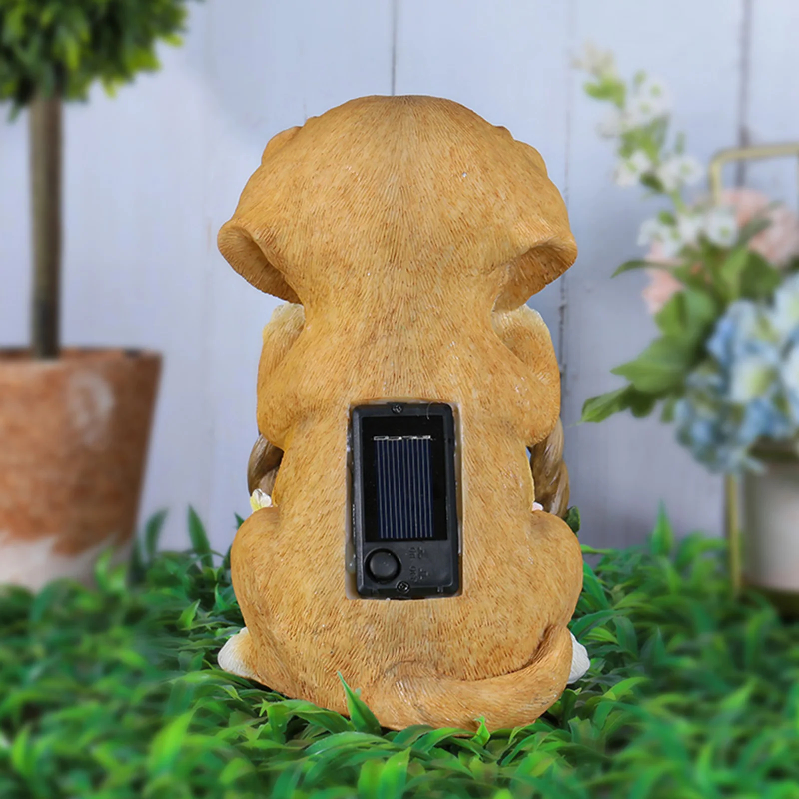 Solar Puppy Garden Statue with Flower Basket Outdoor Decor