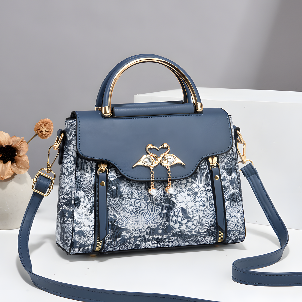 Printed Shoulder Bag with Bird Charm and Zip Divider, 22.5 cm