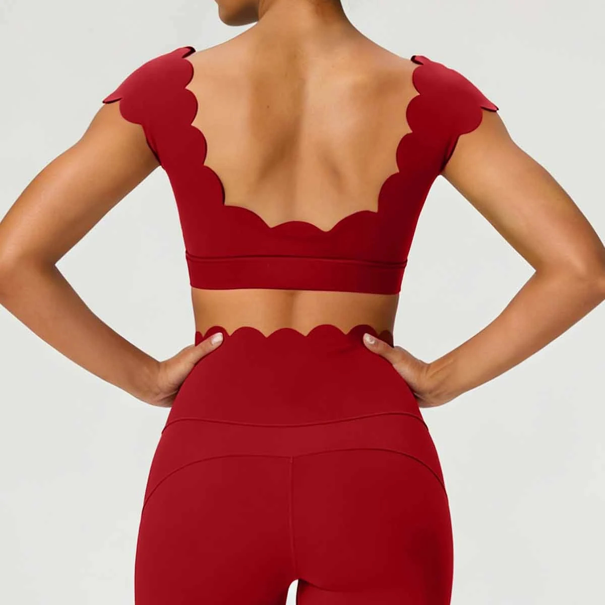 Women's Scalloped Yoga Set with Crop Top and High Waist Bottoms
